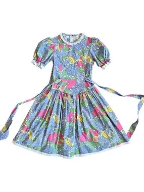 Rare Vtg 80's Floral/Fruit Print Drop Waist Dress With Eyelet Lace | Size 10 Y
